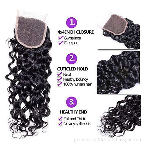 Human Hair Bundles With Closure Brazilian Water Wave Wet and Wavy Curly Weave Bundles with Closure 100% Unprocessed Remy Hair